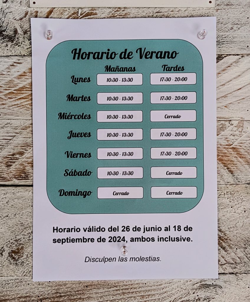 Horario de verano de La Iguana
de lunes a viernes de 10:30 a 13:30 y de 17:30 a 20:00. Miércoles tarde cerrados.
Sábados de 11:00 a 13:30.